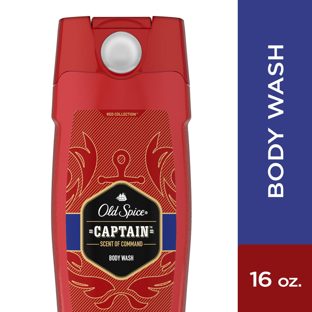Old Spice Red Collection man-in-bathroom image suggests confident grooming routine.