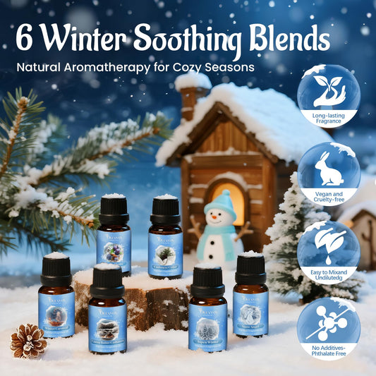 Six premium winter fragrance oil bottles arranged for the set
