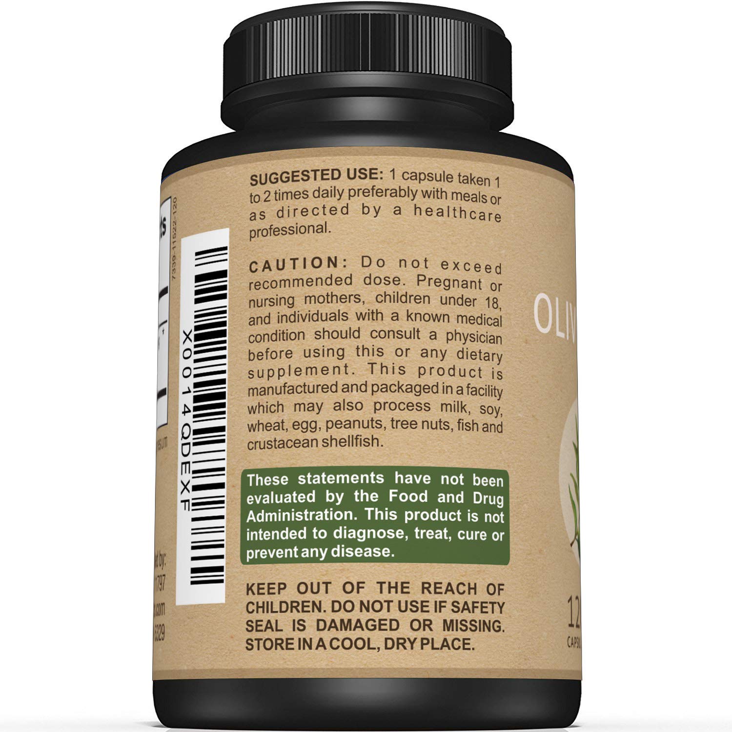 Label showing 20% oleuropein standardization on olive leaf extract