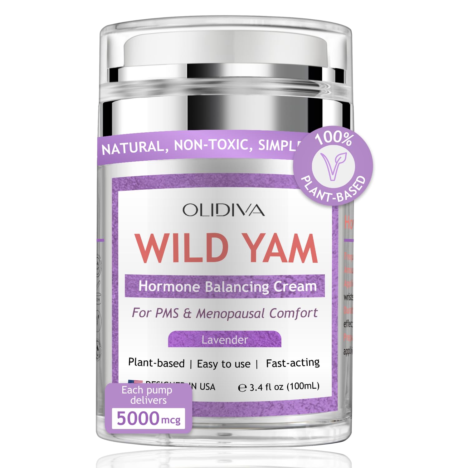Olidiva Wild Yam Cream jar with lavender for calming menopausal comfort.