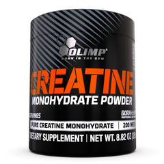 OLIMP Creatine Monohydrate Powder bottle with scoop on white background