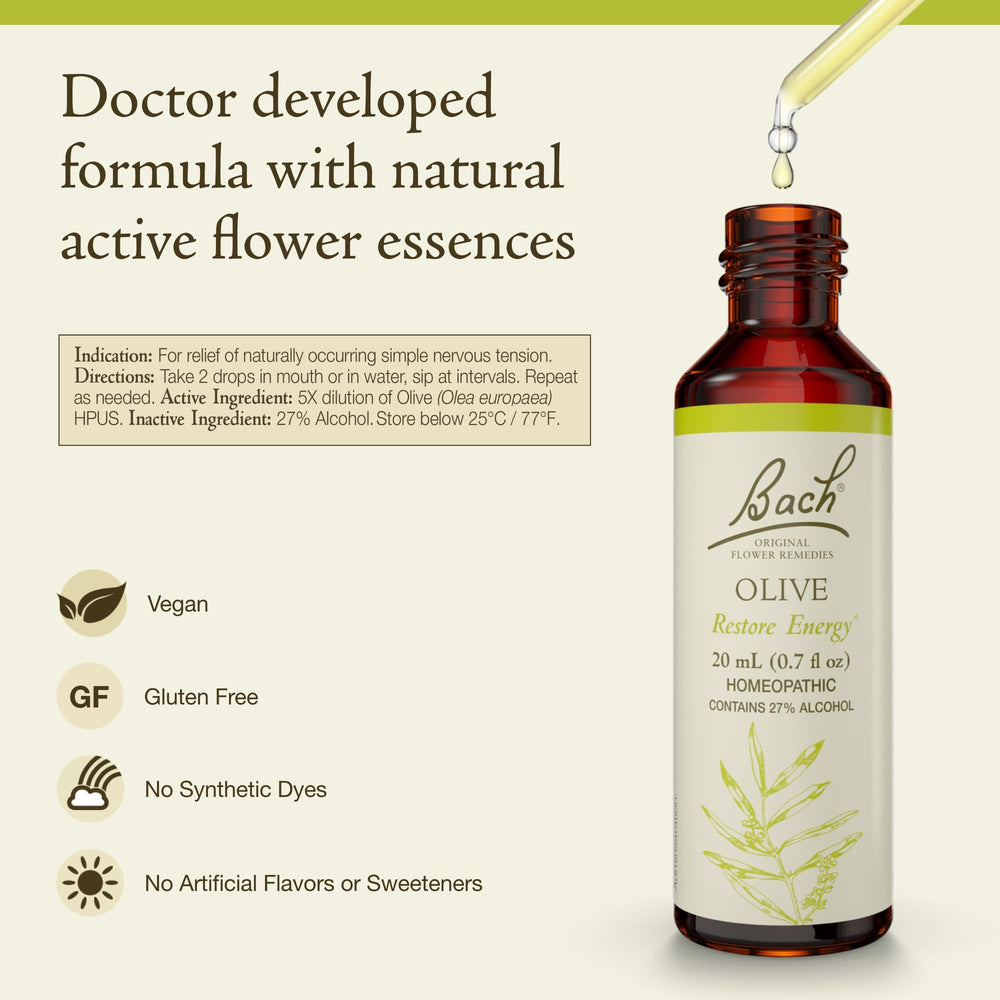 Olive dropper next to 20 mL bottle for Bach remedy