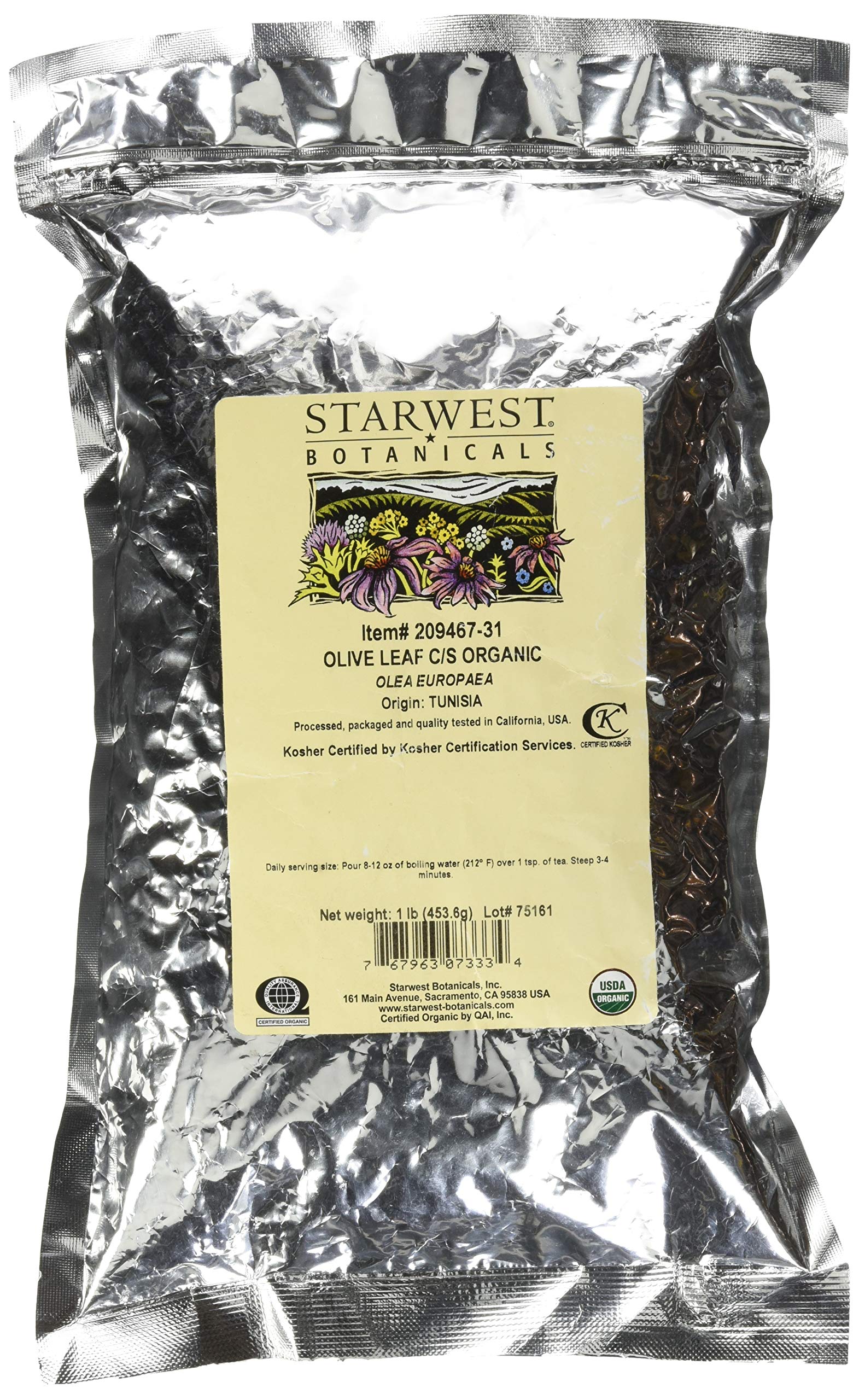 Starwest Botanicals Olive Leaf Cut and Sifted 1 Pound packaging