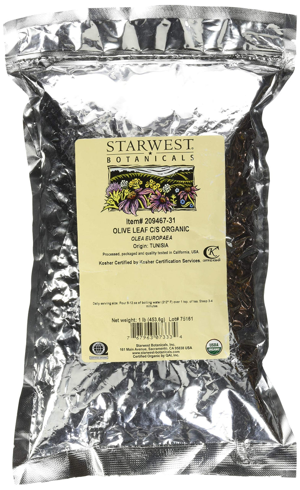 Starwest Botanicals Olive Leaf Cut and Sifted 1 Pound packaging