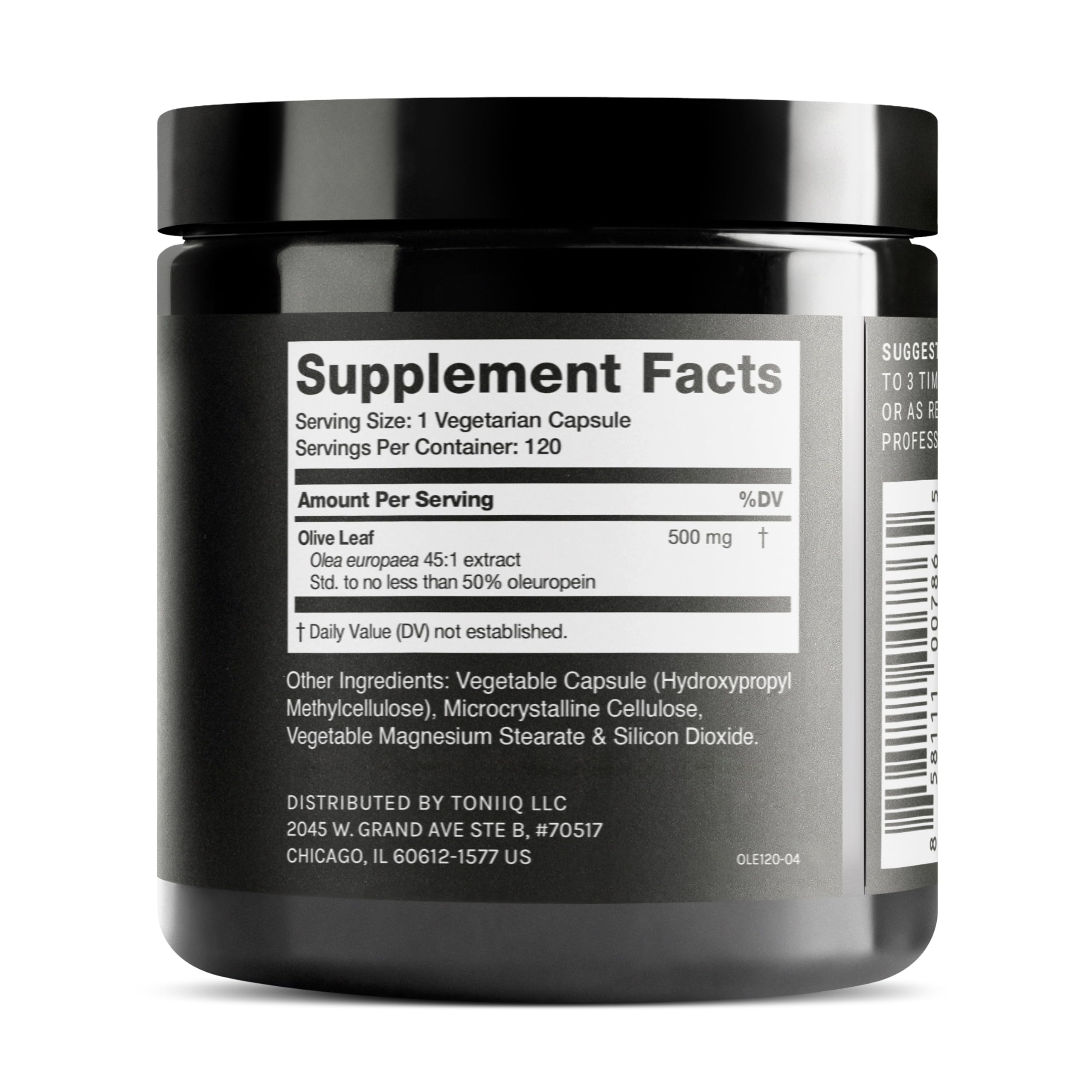 Back view of Olive Leaf Extract bottle showing supplement facts