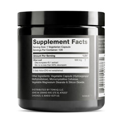 Back view of Olive Leaf Extract bottle showing supplement facts