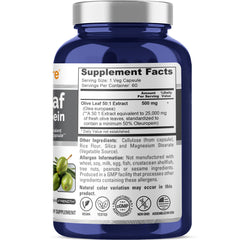 Label highlighting 50% Oleuropein content in olive leaf extract