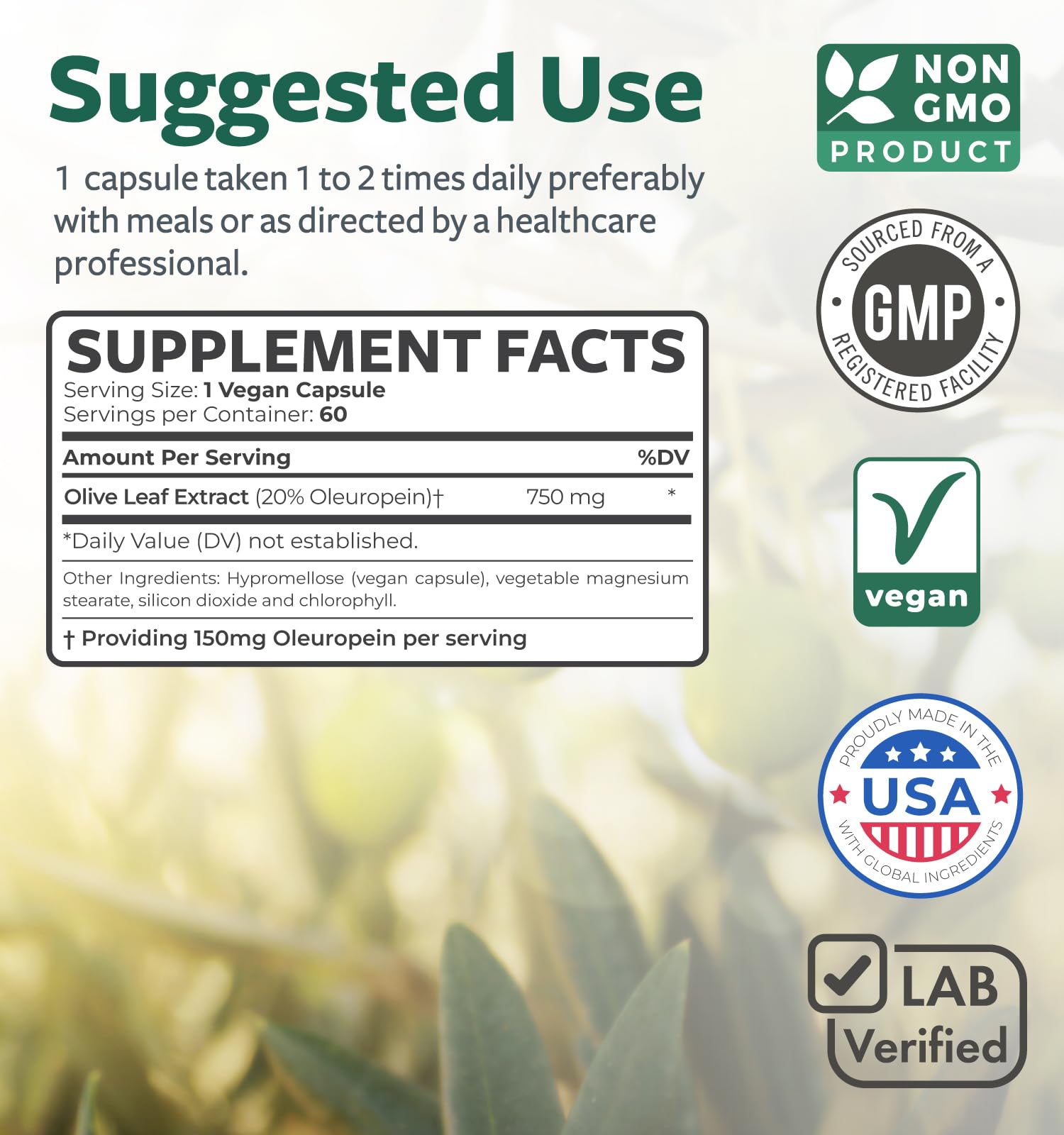 Close-up of olive leaf extract capsules labeled 750mg with 20% Oleuropein (vegan, non-GMO).