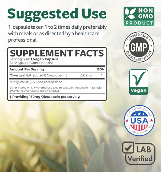 Close-up of olive leaf extract capsules labeled 750mg with 20% Oleuropein (vegan, non-GMO).