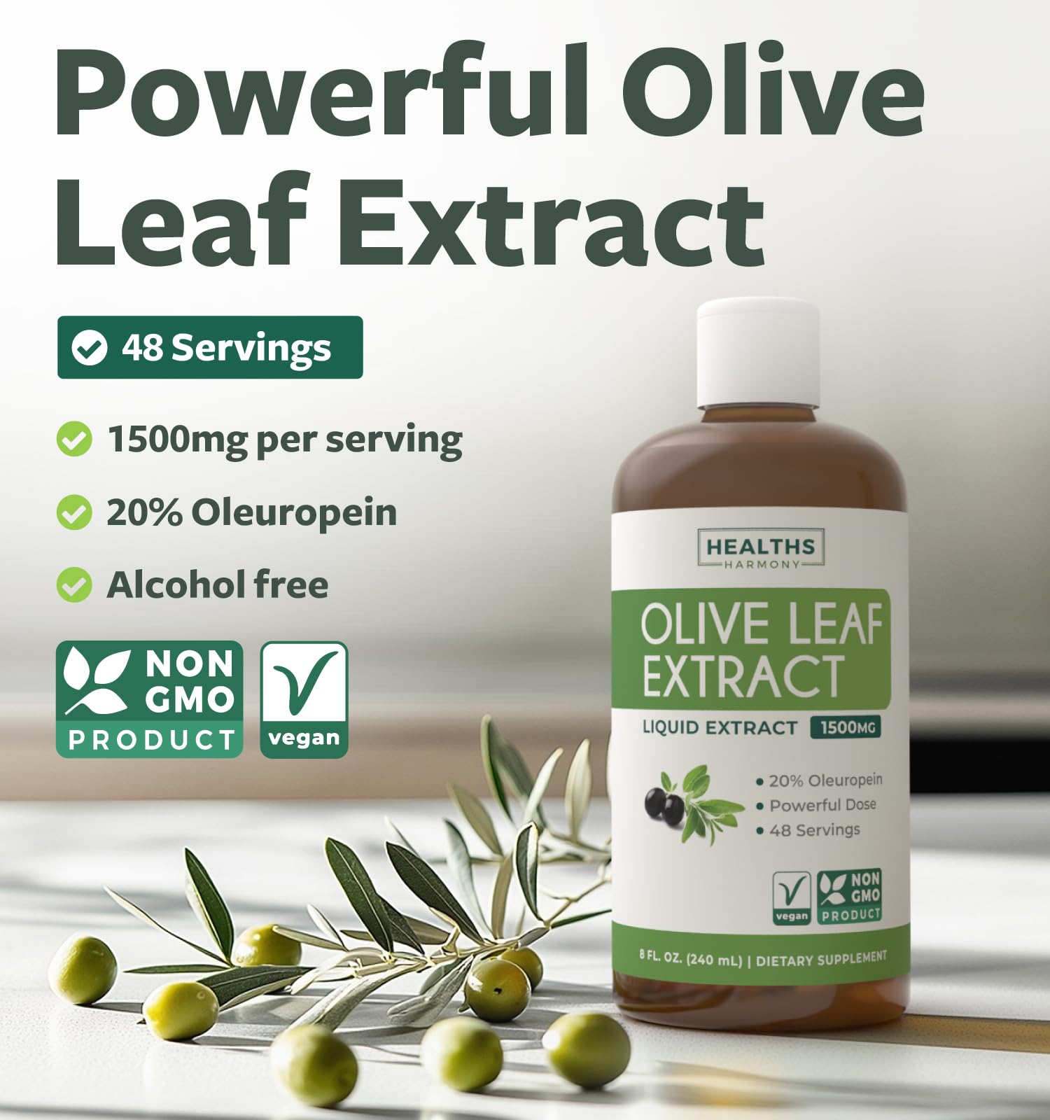 Front view bottle with Healths Harmony Olive Leaf Extract label