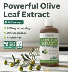 Front view bottle with Healths Harmony Olive Leaf Extract label
