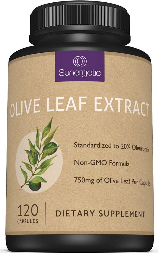 Bottle of olive leaf extract capsules labeled 750mg per capsule
