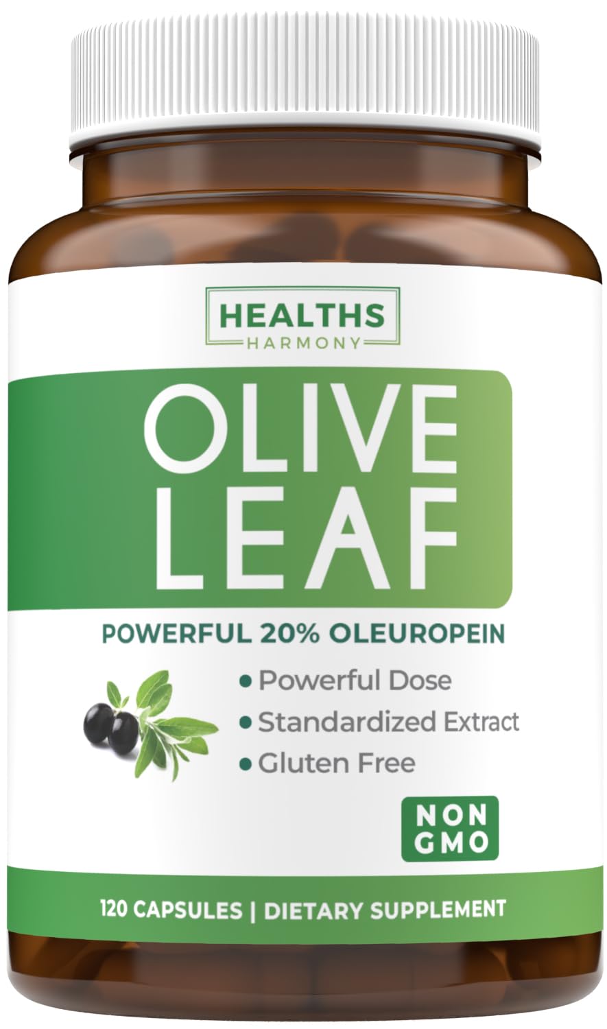 Front view of olive leaf extract capsules bottle