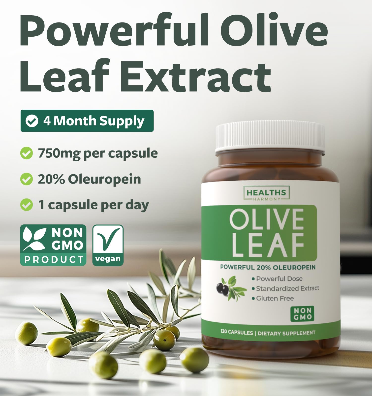 Back label with supplement facts on olive leaf capsules