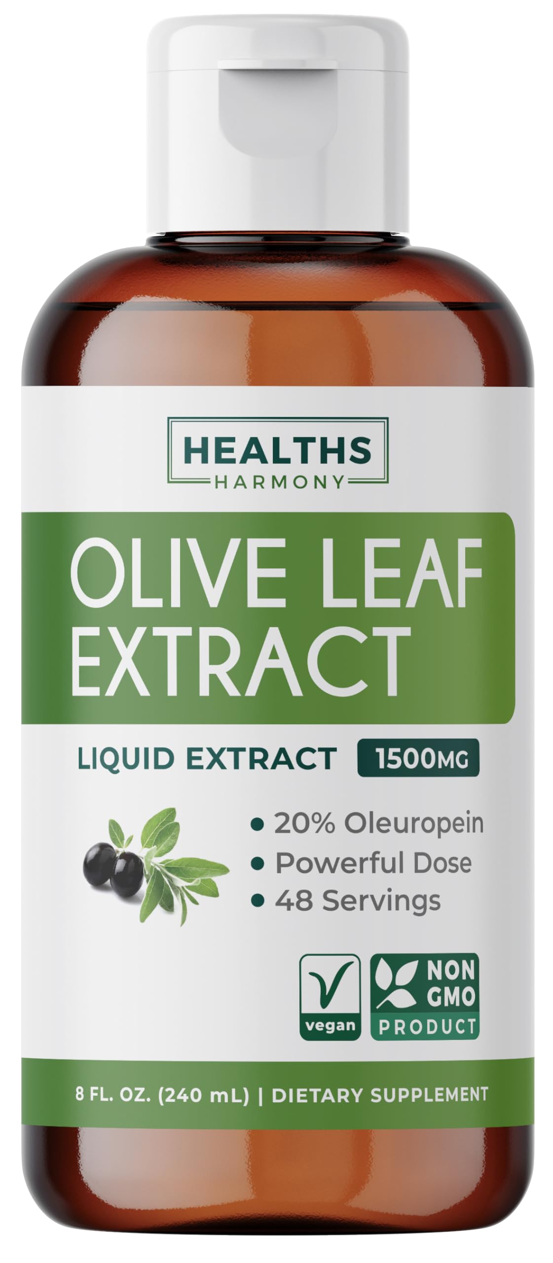 Healths Harmony Olive Leaf Extract bottle front - 8 fl oz, non-GMO, 1500mg