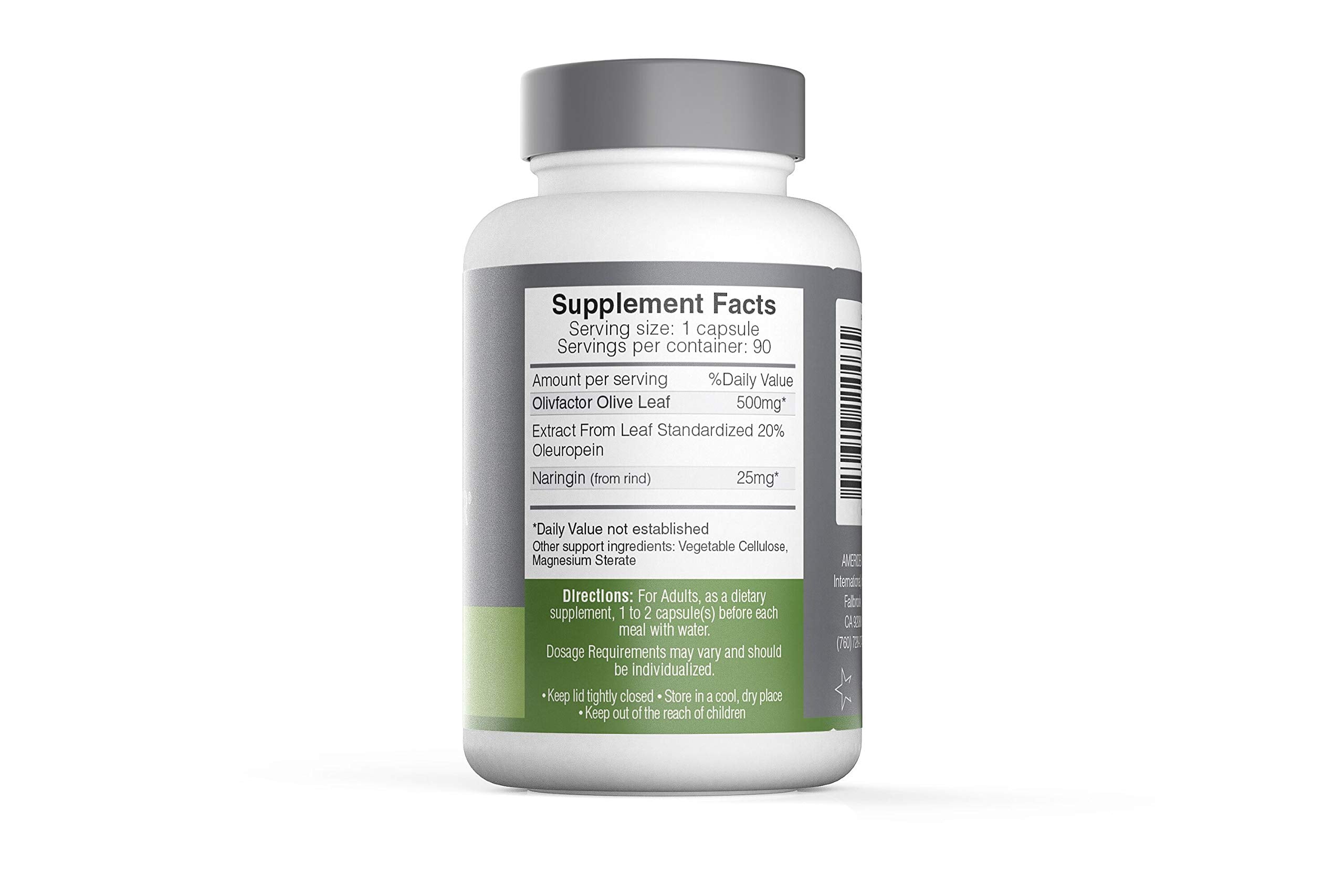 Close-up of olive leaf extract capsules showing 20% oleuropein potency