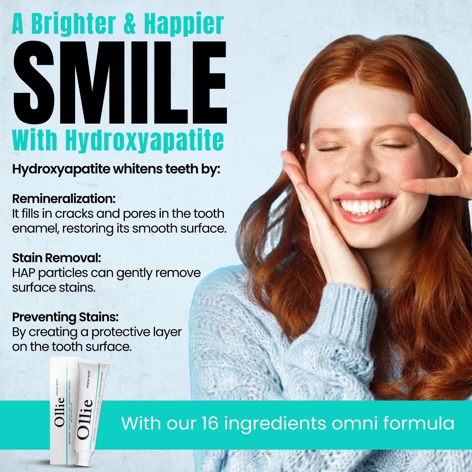 Smiling person using Ollie Fresh Mint Toothpaste