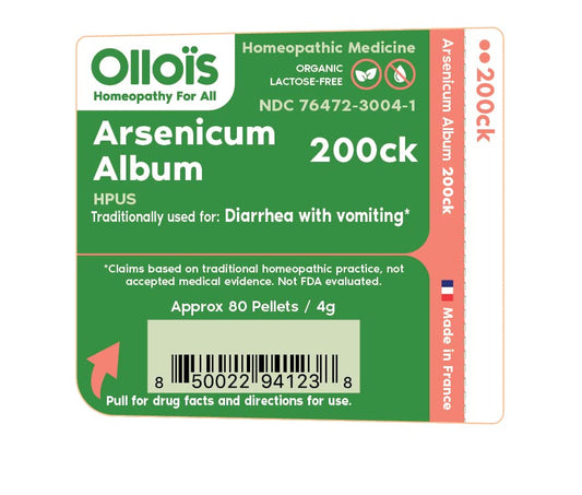 Close-up of product packaging label for Arsenicum Album 200ck