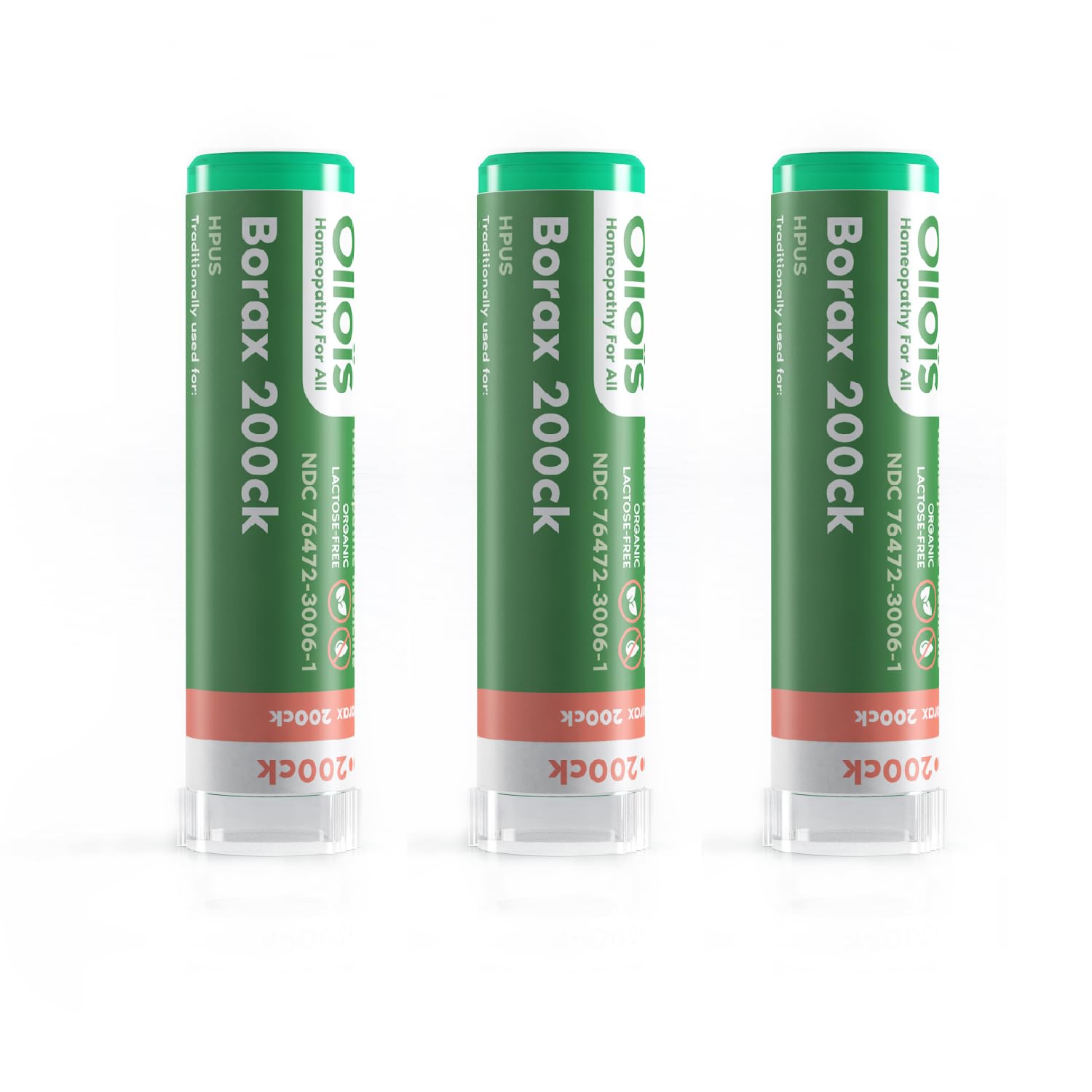 Three OLLOIS Borax 200ck organic homeopathic medicine bottles in a pack