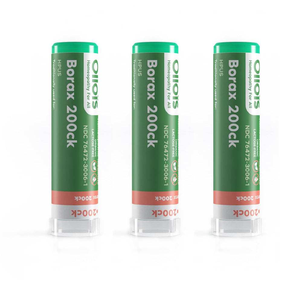 Three OLLOIS Borax 200ck organic homeopathic medicine bottles in a pack