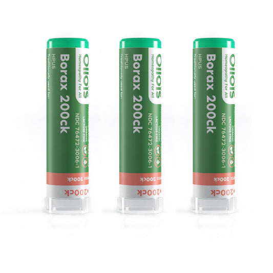 Three OLLOIS Borax 200ck organic homeopathic medicine bottles in a pack