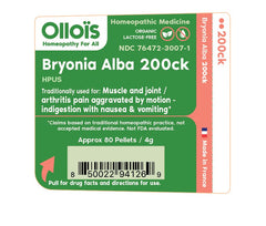 Close-up of OLLOIS Bryonia Alba 200ck bottle with organic label
