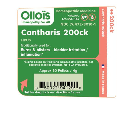 Close-up of OLLOIS Cantharis 200ck organic homeopathic bottles in a Pack of 3