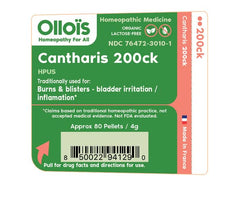 Close-up of OLLOIS Cantharis 200ck organic homeopathic bottles in a Pack of 3
