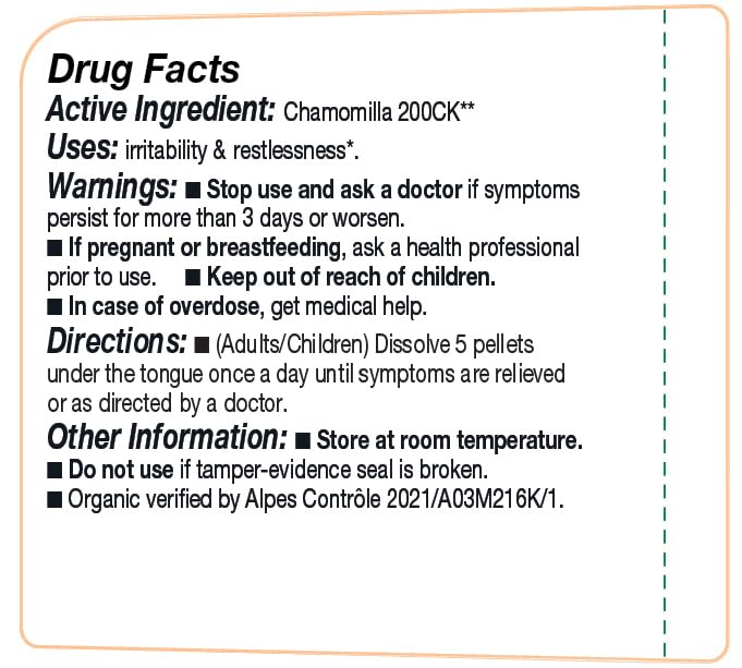 Close-up of OLLOIS Chamomilla 200ck 80-pellet package contents