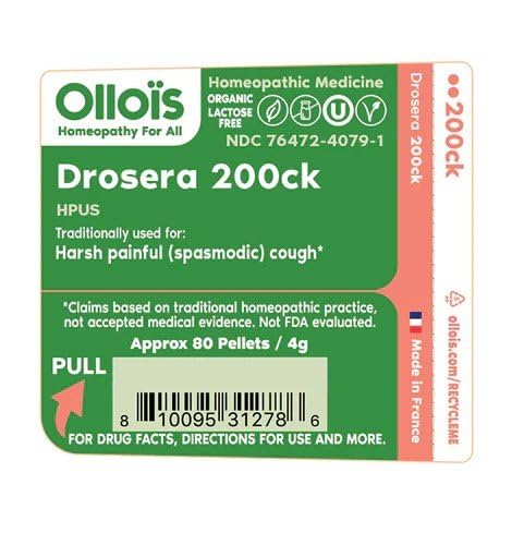 Close-up of OLLOIS Drosera 200ck packaging and pellets showing organic, lactose-free, vegan formula