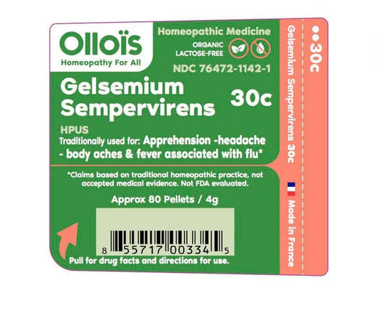 Close-up of OLLOIS Gelsemium Sempervirens 30C organic homeopathic medicine packaging