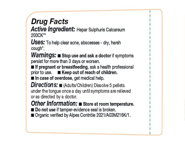 Close-up of label on OLLOIS Hepar Sulphuris Calcareum 200ck bottle