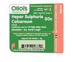 Close-up of Ollois Hepar Sulphuris Calcareum 30c packaging