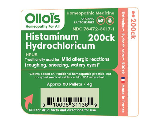 Close-up of OLLOIS Histaminum Hydrochloricum 200ck tube and label