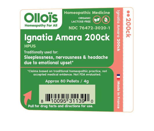 Back label with dosage and warnings for OLLOIS Ignatia Amara 200ck