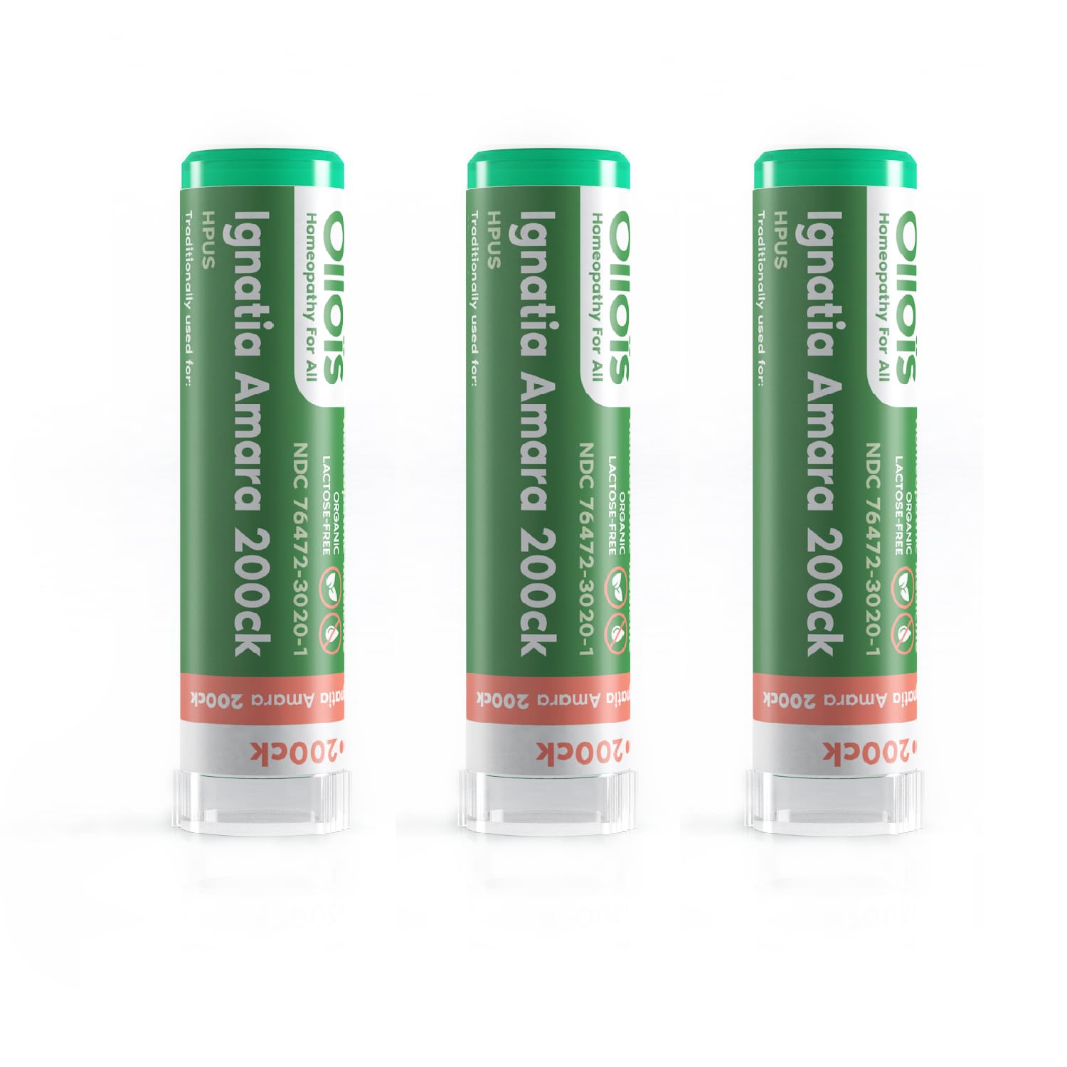 Front view of OLLOIS Ignatia Amara 200ck Organic Homeopathic Medicine three-pack