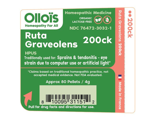 Close-up of OLLOIS Ruta Graveolens 200ck label and bottle