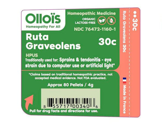 Close-up of Ollois Ruta Graveolens 30c Organic Homeopathic Medicine label