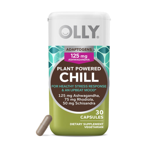 OLLY Chill adaptogen capsules with Ashwagandha and Rhodiola on the label.