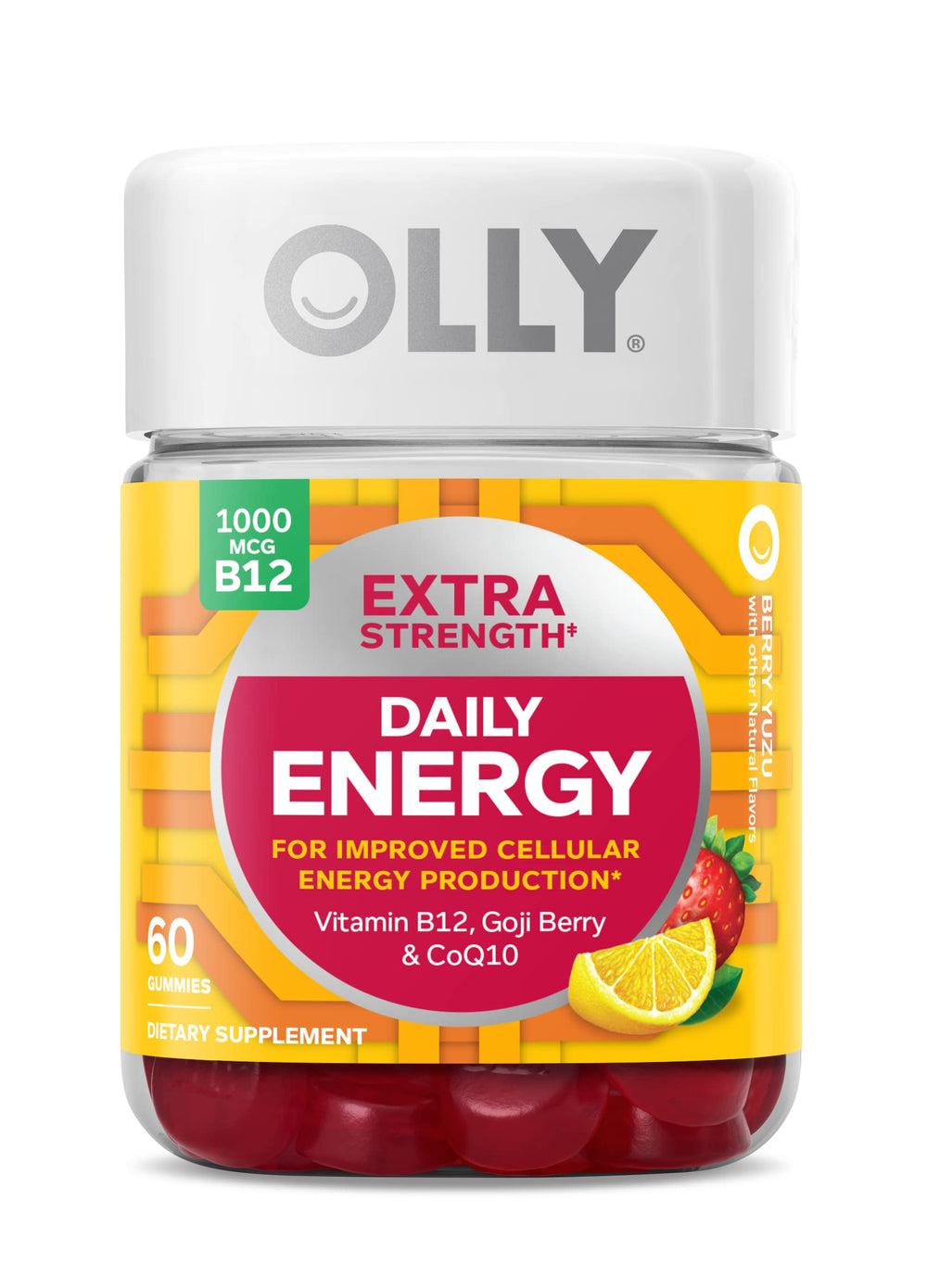 OLLY Extra Strength Daily Energy Gummies Berry Yuzu flavor bottle – 60 count (hero image)