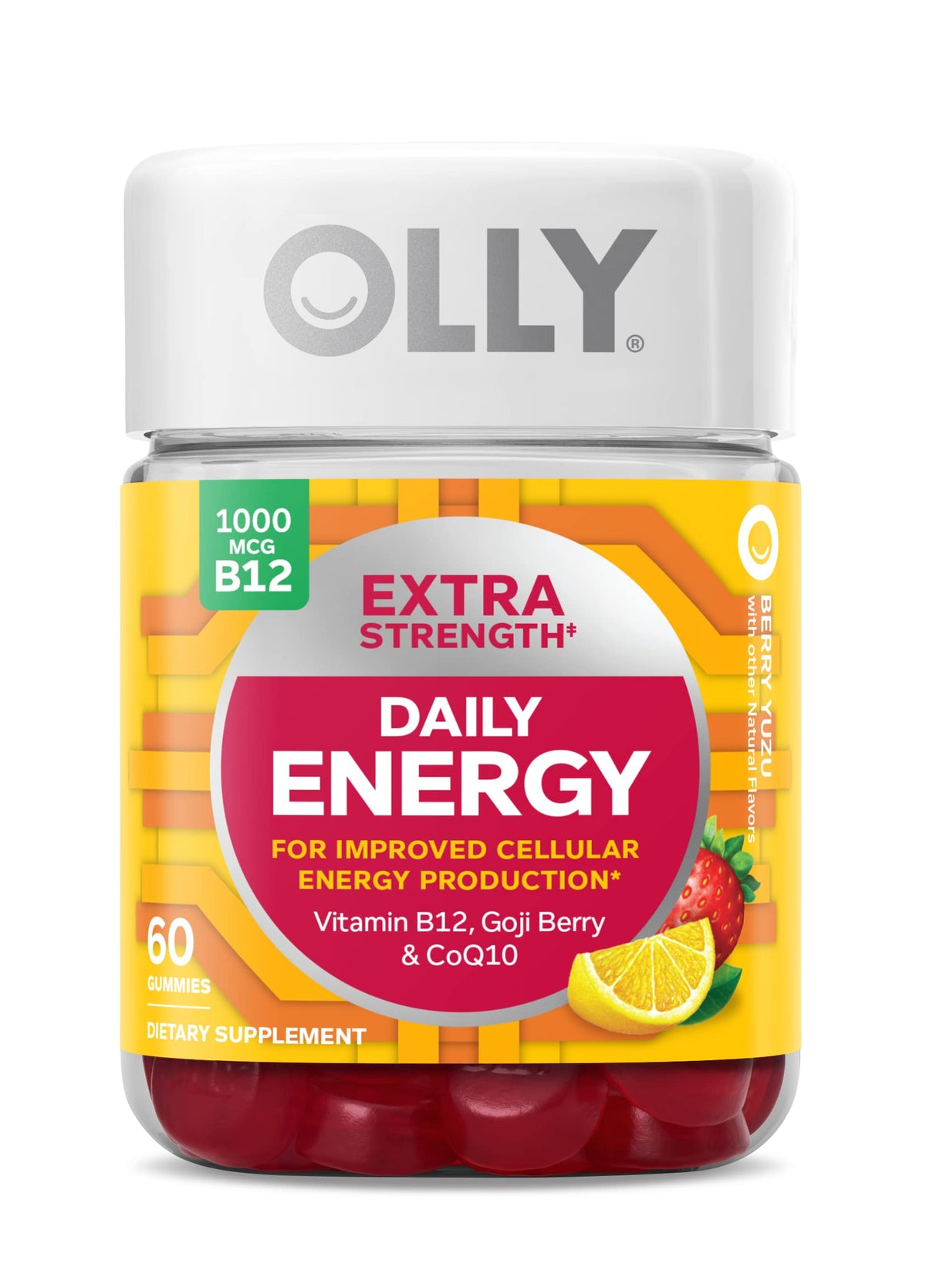 OLLY Extra Strength Daily Energy Gummies Berry Yuzu flavor bottle – 60 count (hero image)