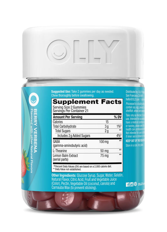 Back of OLLY Goodbye Stress Gummy bottle showing nutrition facts
