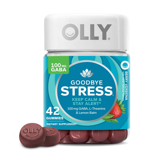 OLLY Goodbye Stress Gummy bottle front Berry flavor, 42 count