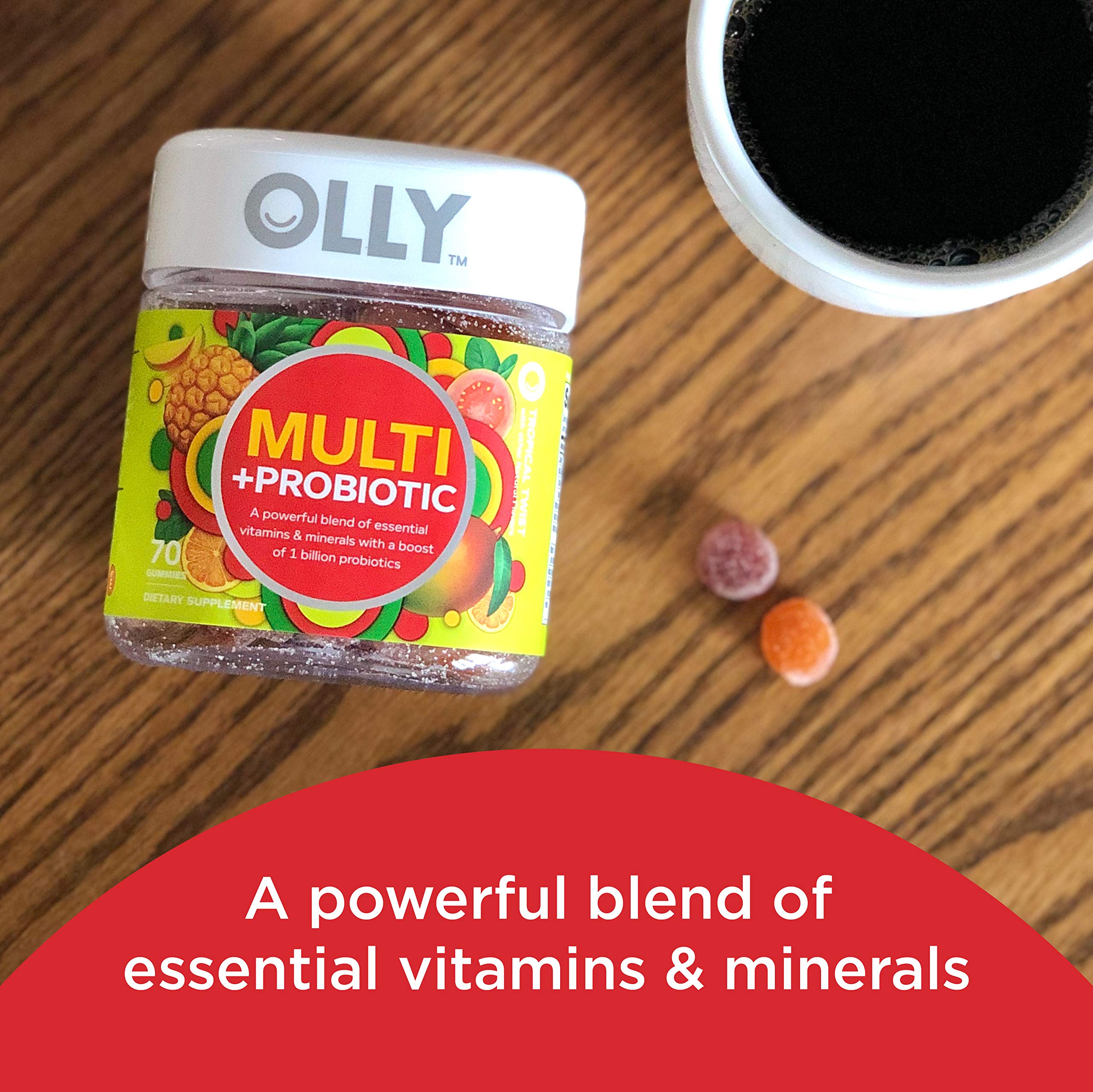 Close-up of label on OLLY Multi + Probiotic bottle showing 1B CFUs