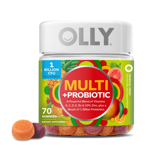 Front view of OLLY Multi + Probiotic Tropical Twist bottle with 70 gummies