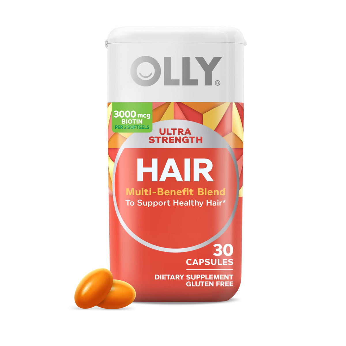 OLLY Ultra Strength Hair Softgels bottle facing forward