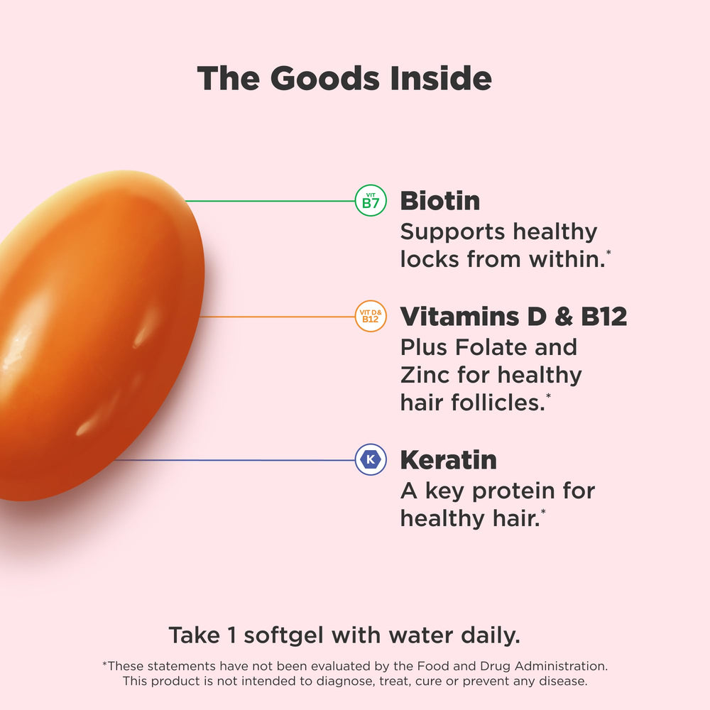 Supplement facts panel on OLLY Hair Softgels bottle