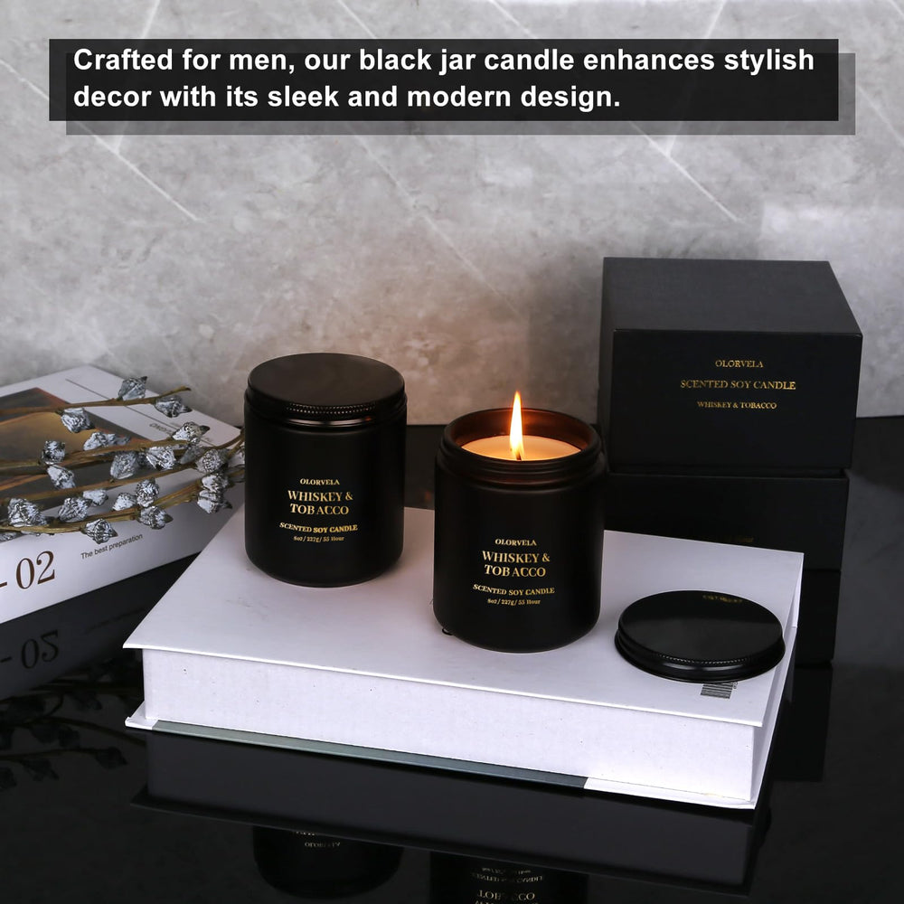 olorvela black jar packaging candle enhances masculine gift-ready presentation