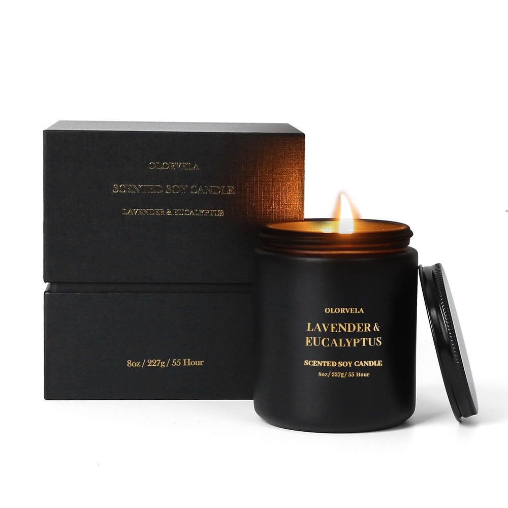 olorvela lavender-eucalyptus candle emits calming scent for evenings