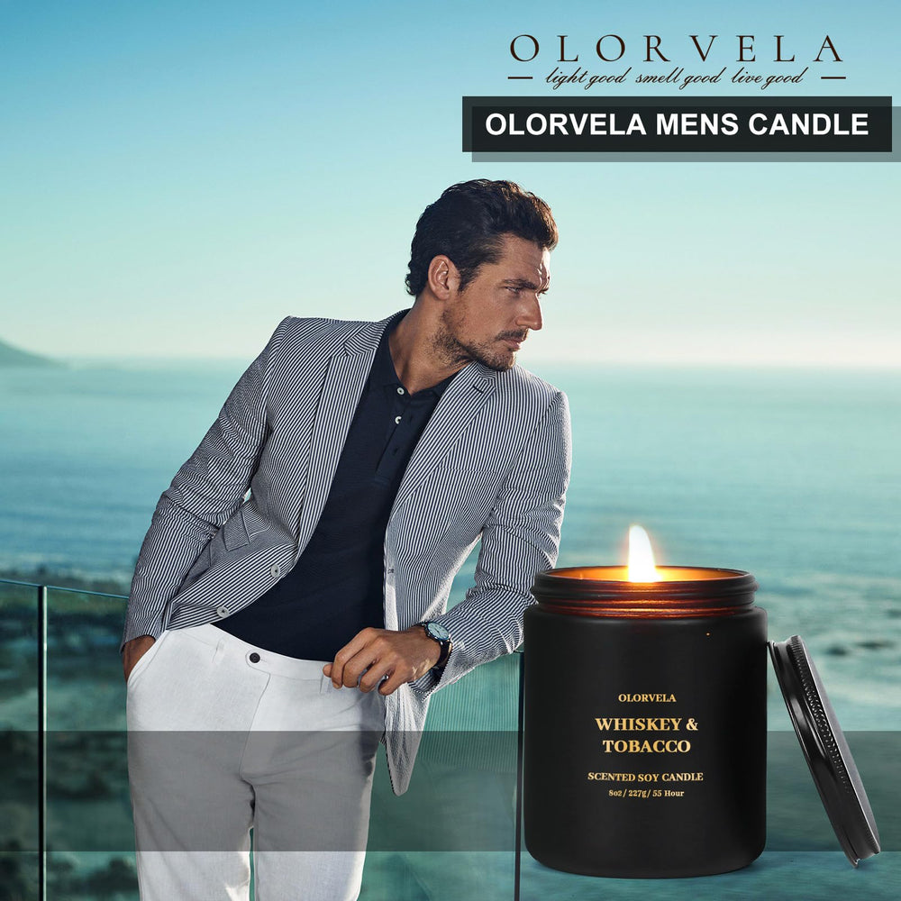 olorvela Summer Hill Amber Wood candle in black jar, gifting-ready design for occasions.